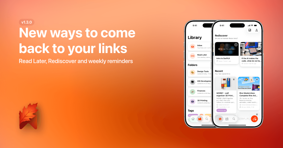 Leaf Bookmarks 1.3.0 promotional graphic announcing Read Later, Rediscover, and weekly reminders